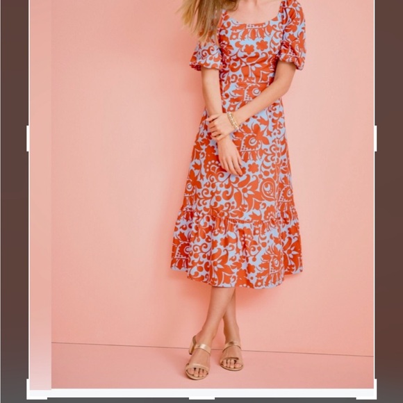 Talbots Dresses & Skirts - Talbots Summer Spring Orange and White Jacobean Puff Sleeve Midi Dress NWT